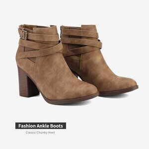 NEW Women's Chunky High Heel Ankle Boots Close Toe Fall Heeled Booties Shoes-TAN